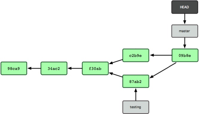 Figure 4. Git creates a new commit containing your merged changes. Note that that new commit (09b8e) has two parents. This image was taken from the Pro Git book and edited (respecting its Creative Commons License).
